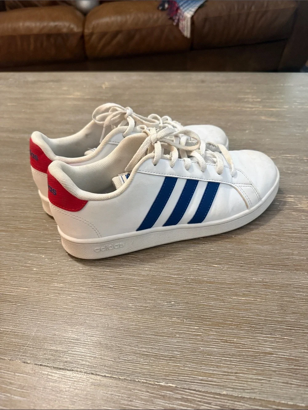 adidas White Sneakers with Blue Stripes and Red Heel Tab